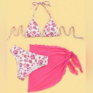3pc Pink Floral Halter Triangle High Cut Bikini Set with Cover Up